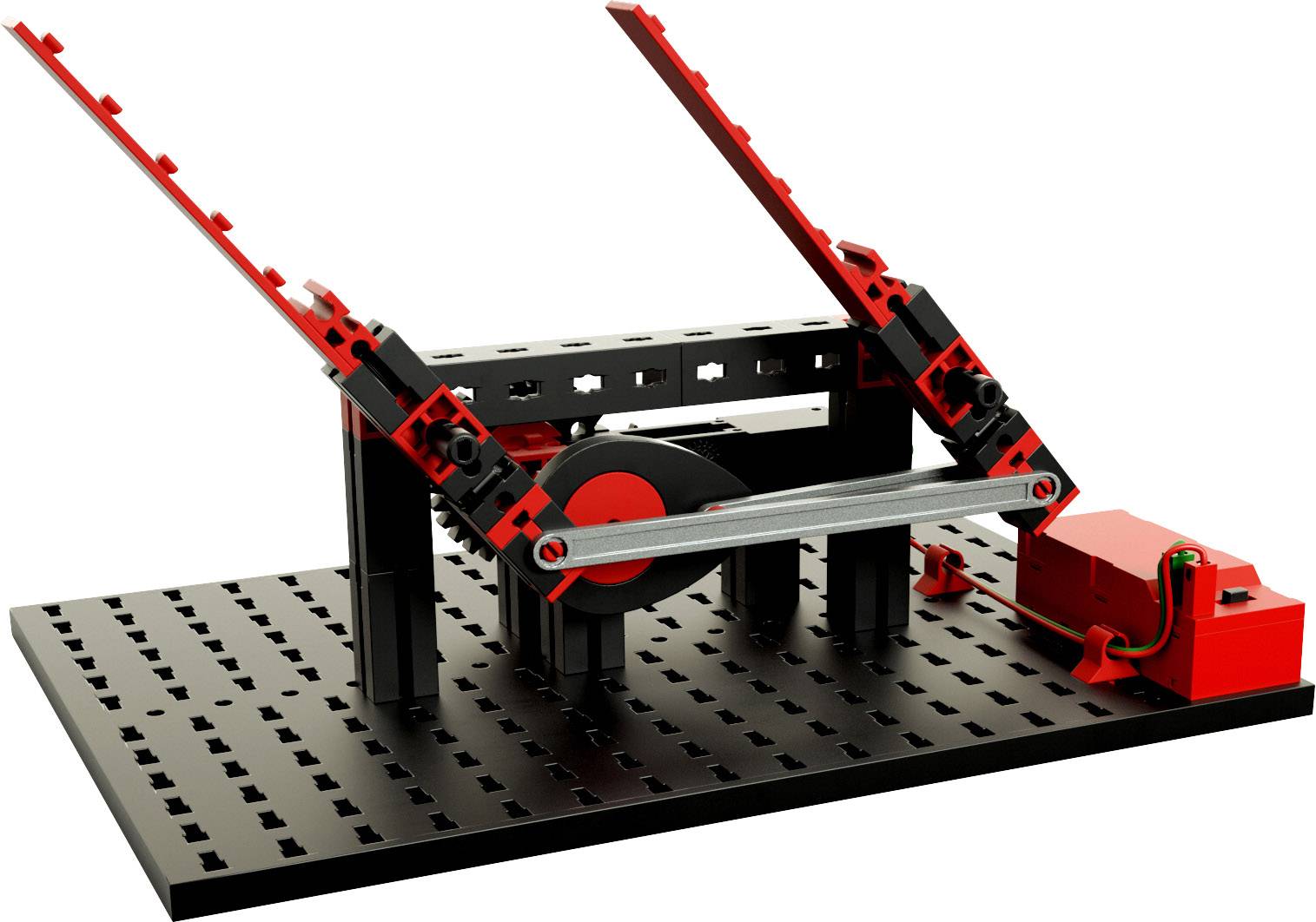 Modèle mécanique d'une construction de levier réalisée avec des blocs de type Lego. Deux leviers rouges sont disposés selon un angle.
