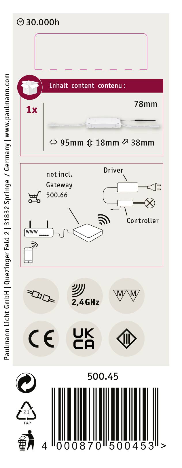 Dos de l'emballage : Détails de l'éclairage LED, durée de vie de 30 000h, diamètre de 78 mm, 1x contenu, 2,4 GHz, certifications CE et UKCA, code-barres en bas.