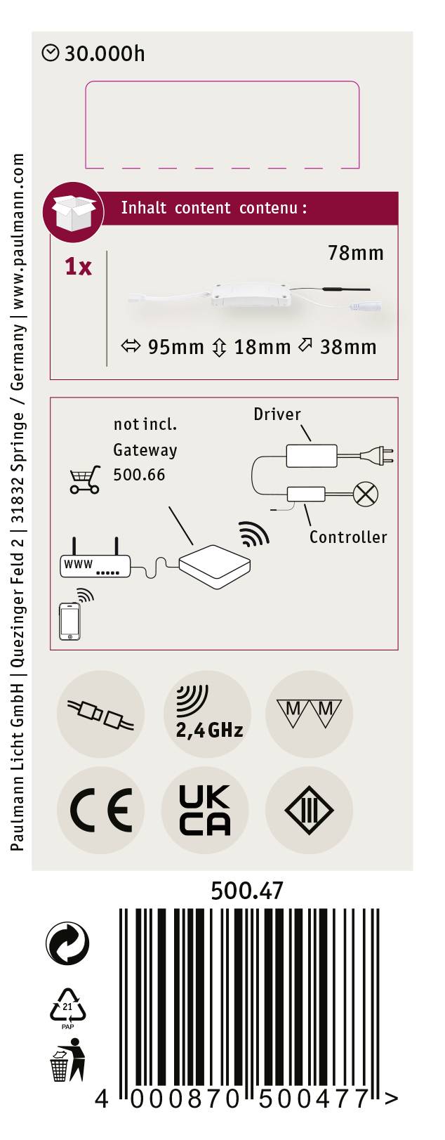 Étiquette d'emballage avec des symboles techniques et des informations sur un produit LED. Contient des détails sur les dimensions et les exigences.
