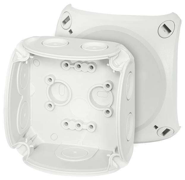 Deux boîtes de dérivation vides blanches en plastique avec des ouvertures rondes sur les côtés, utilisées dans les installations électriques.