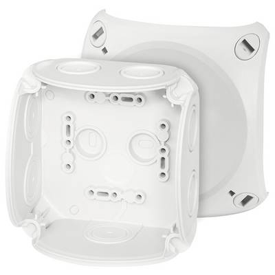 Boîte de dérivation carrée blanche en plastique avec un couvercle arrière amovible, plusieurs entrées et sorties pour la gestion des câbles visibles.