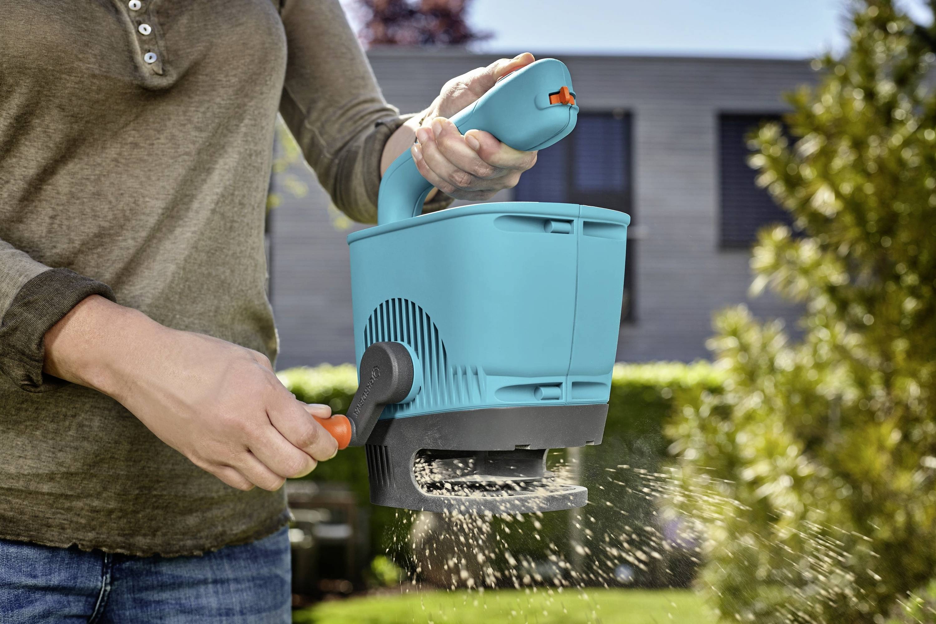 Une personne utilise un épandeur à main bleu pour fertiliser la pelouse dans le jardin. L'appareil distribue uniformément l'engrais sur la pelouse. Une maison est visible en arrière-plan.