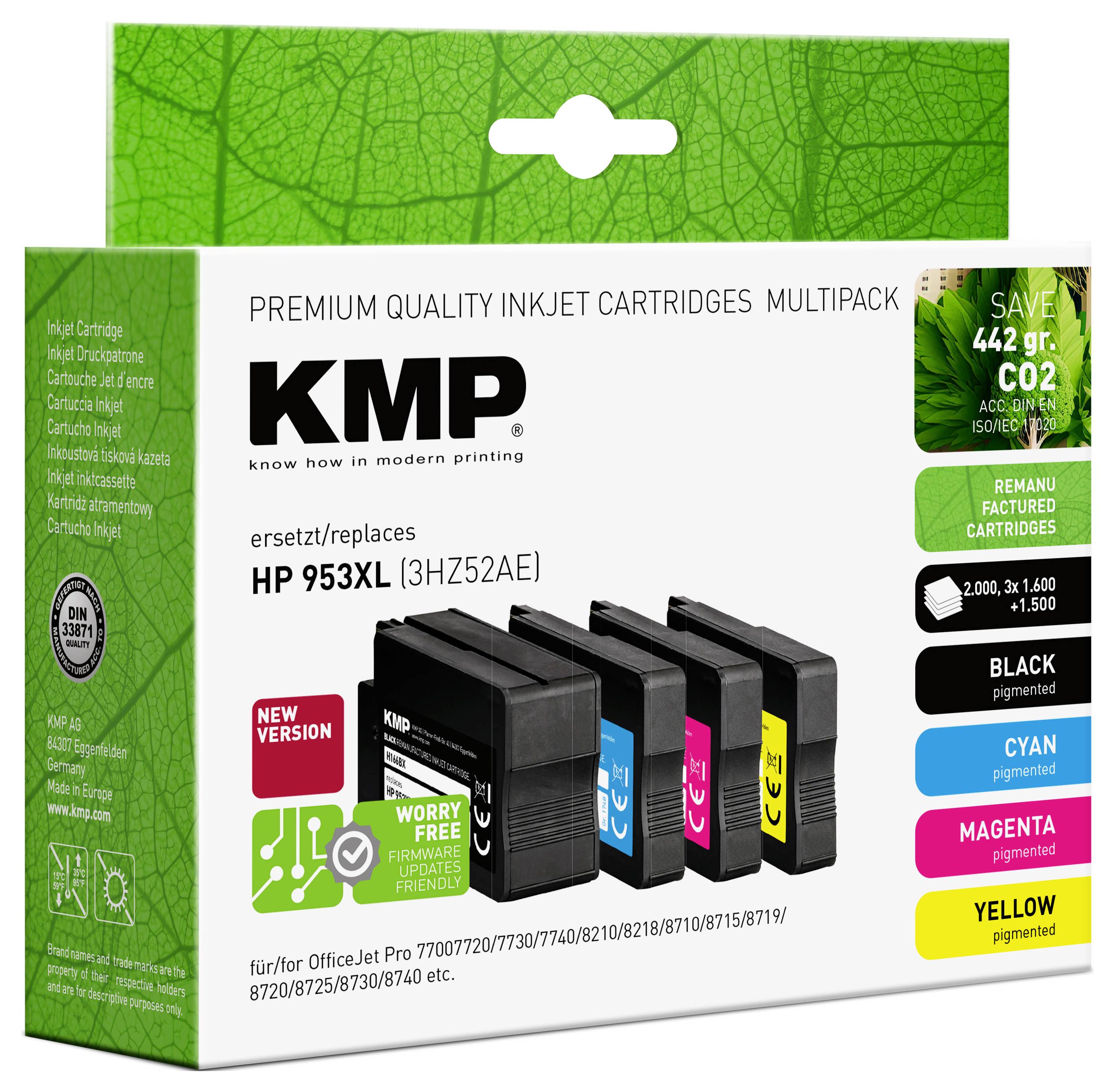 'Cartouches d'encre multipack KMP pour HP 953XL, comprenant noir, cyan, magenta, jaune. Économisez du CO2, équivalent à 2 000-13 000 pages.'