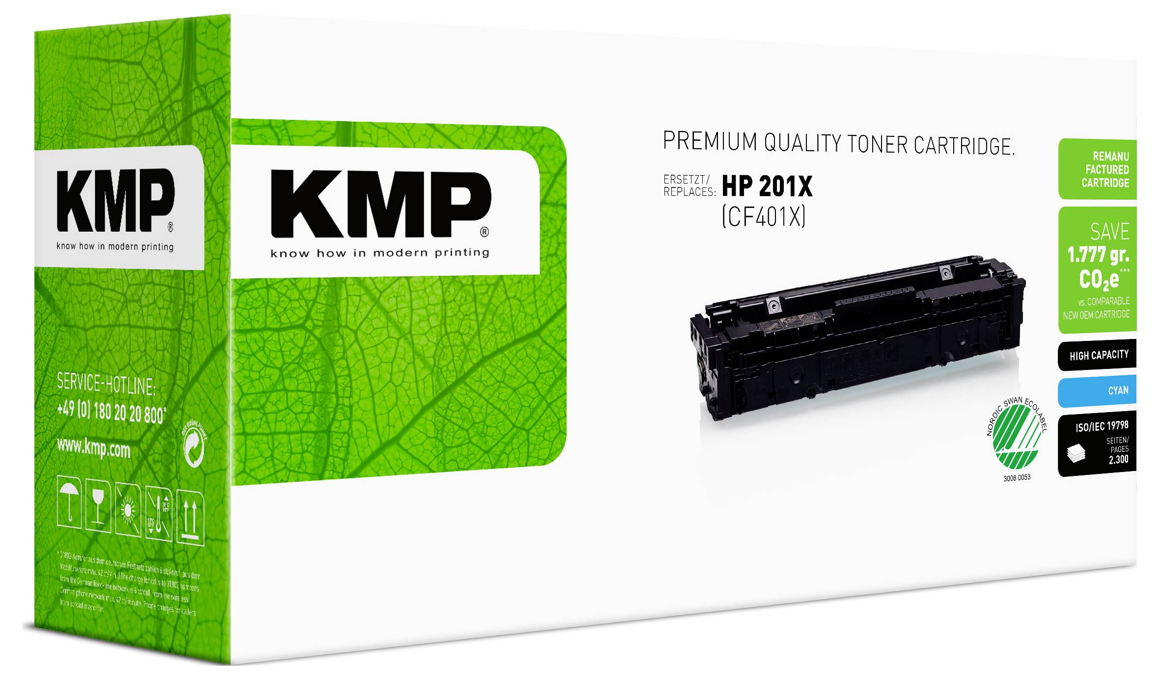 Emballage de cartouche de toner premium KMP pour HP 201X (CF401X), présenté dans une boîte verte et blanche avec image du produit et allégation d'économies.