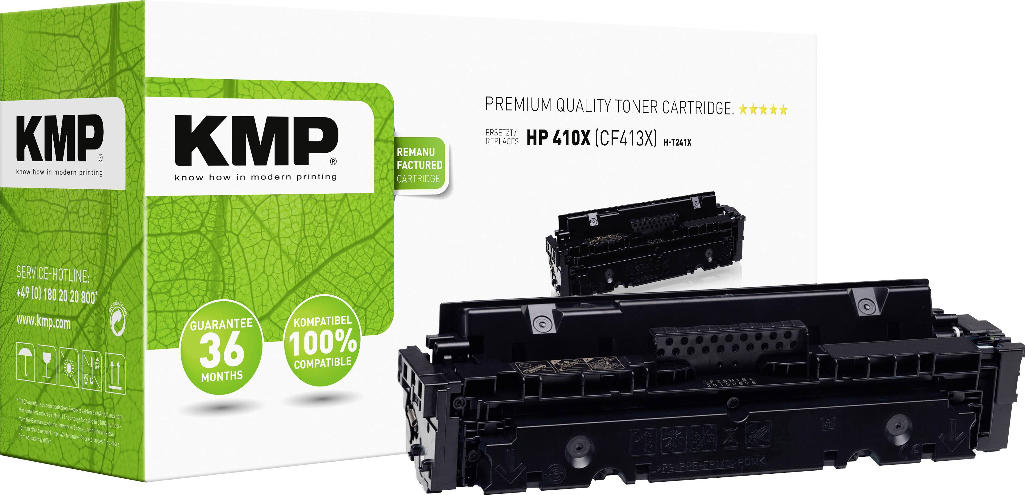 Cartouche de Toner de Qualité Supérieure KMP pour Modèles d'Imprimantes HP 410X. Emballage avec motif de feuille verte et certifications de produit.