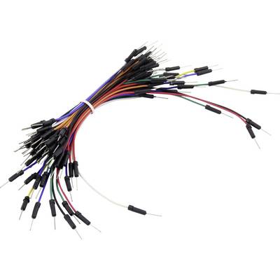 Un ensemble de câbles de jonction colorés et isolés avec des broches métalliques aux extrémités, pouvant être utilisés pour des projets électroniques.
