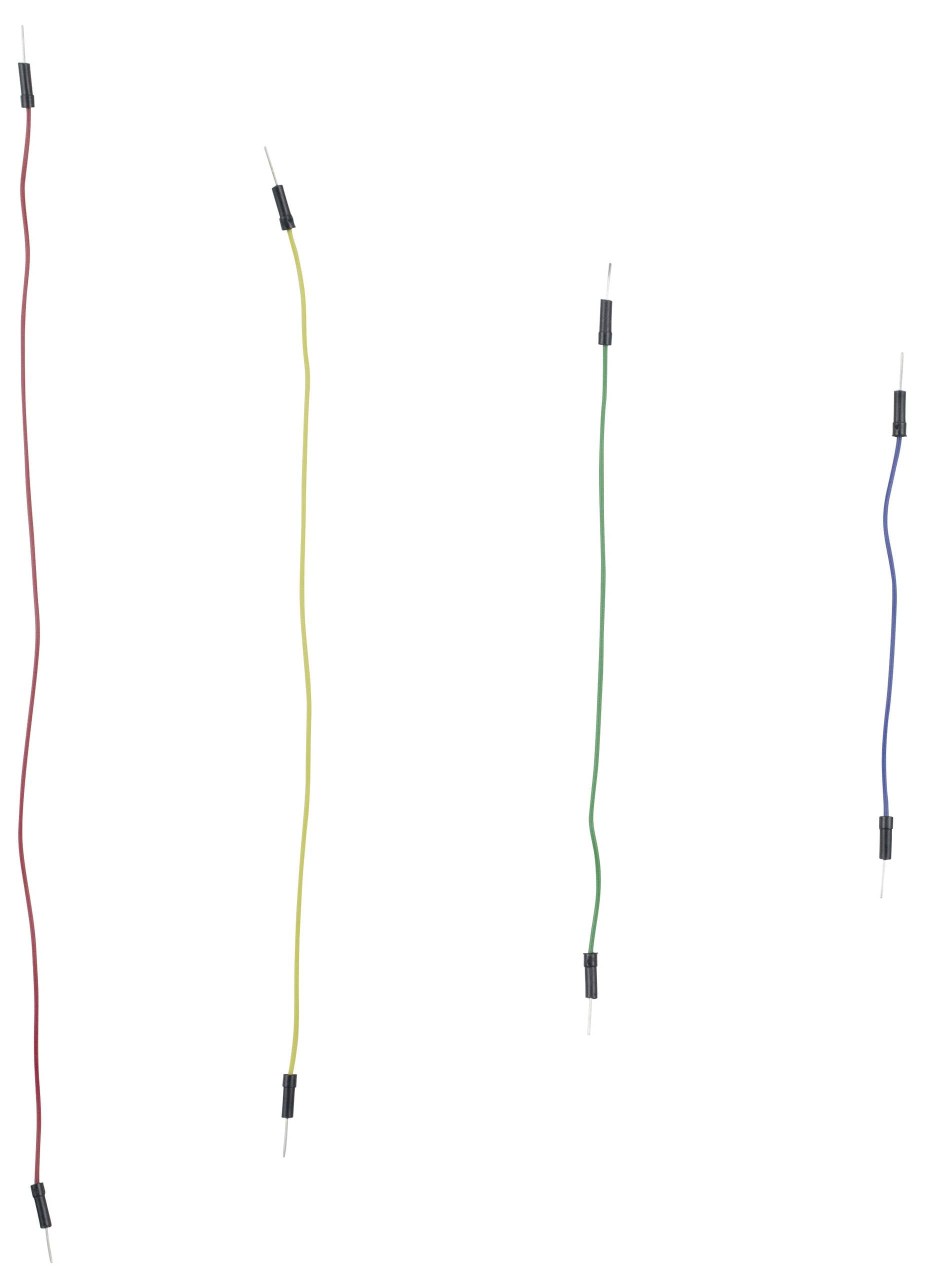 Quatre câbles de jonction de couleurs différentes (rouge, jaune, vert, bleu) disposés verticalement sur un fond blanc.