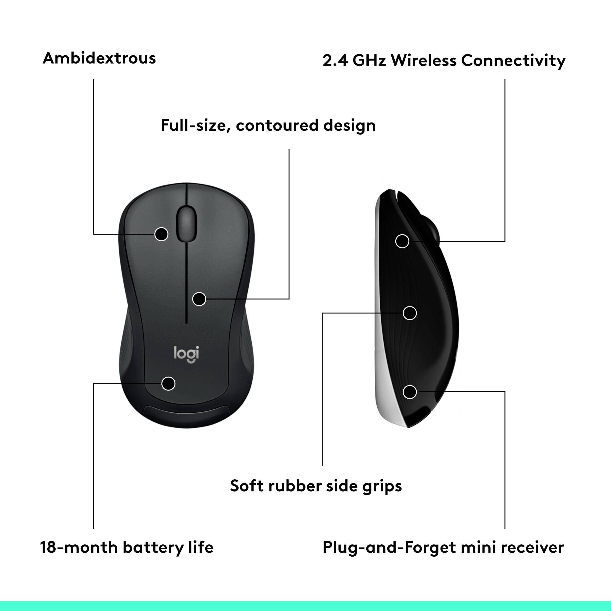 'Souris avec connectivité sans fil 2,4 GHz, adaptée aux droitiers et aux gauchers, design ergonomique, surfaces de préhension en caoutchouc doux.'
