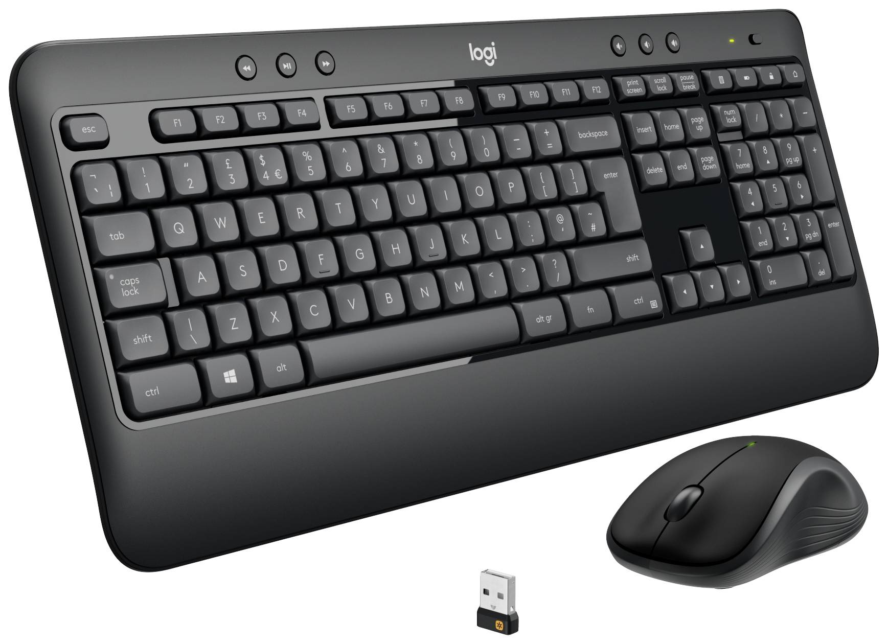Clavier et souris sans fil avec récepteur USB de 'Logi'. Le clavier dispose de touches multimédia. Souris ergonomique. Idéal pour le bureau.