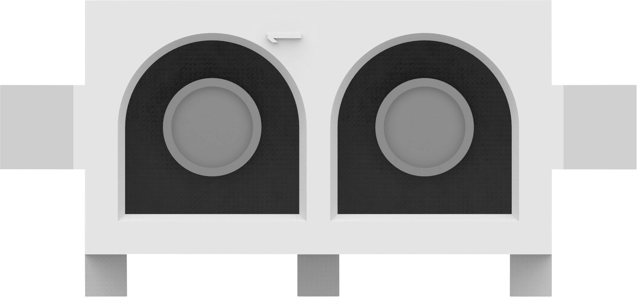 Un objet blanc avec deux ouvertures rondes côte à côte sur un fond noir, possiblement une partie d'un appareil ou d'un module.
