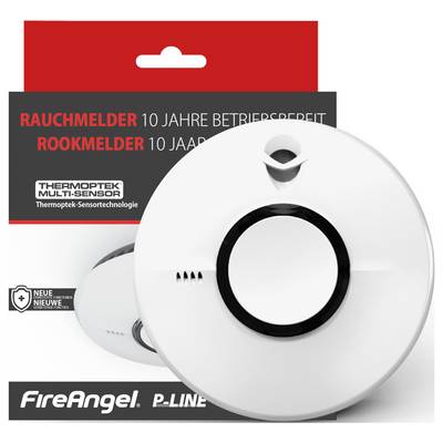 Un détecteur de fumée blanc FireAngel avec technologie de capteur Thermoptek, présenté dans son emballage indiquant '10 ans de fonctionnement' en allemand et en néerlandais.