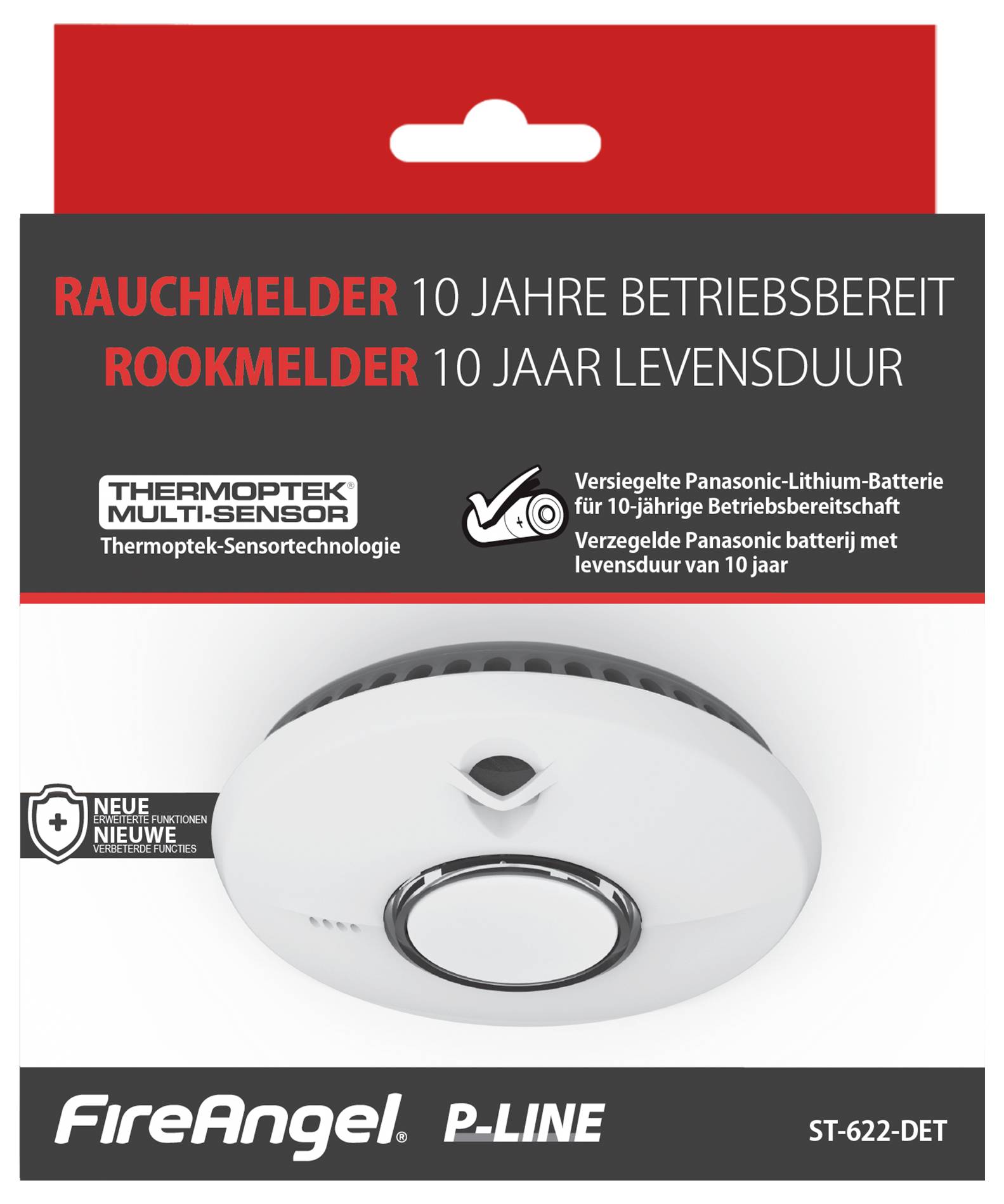 Le packaging du détecteur de fumée 'FireAngel P-Line' présente un détecteur de fumée rond blanc avec une durée de vie de batterie de 10 ans. Le texte est en allemand et en néerlandais.