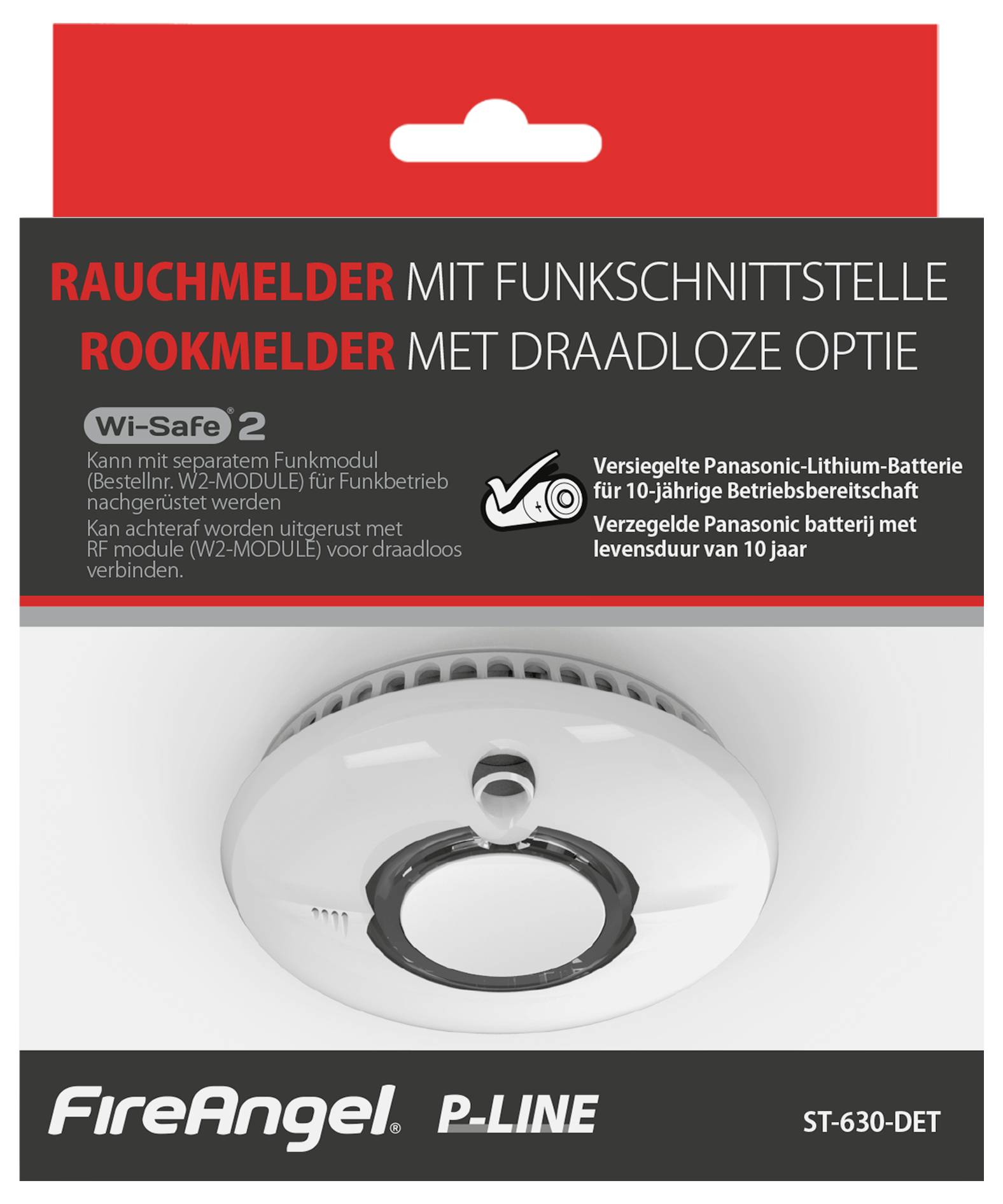 'Détecteur de fumée FireAngel P-Line avec interface radio. Pour utilisation avec l'interface radio Wi-Safe 2 (optionnel). Durée de vie de la batterie : 10 ans.'