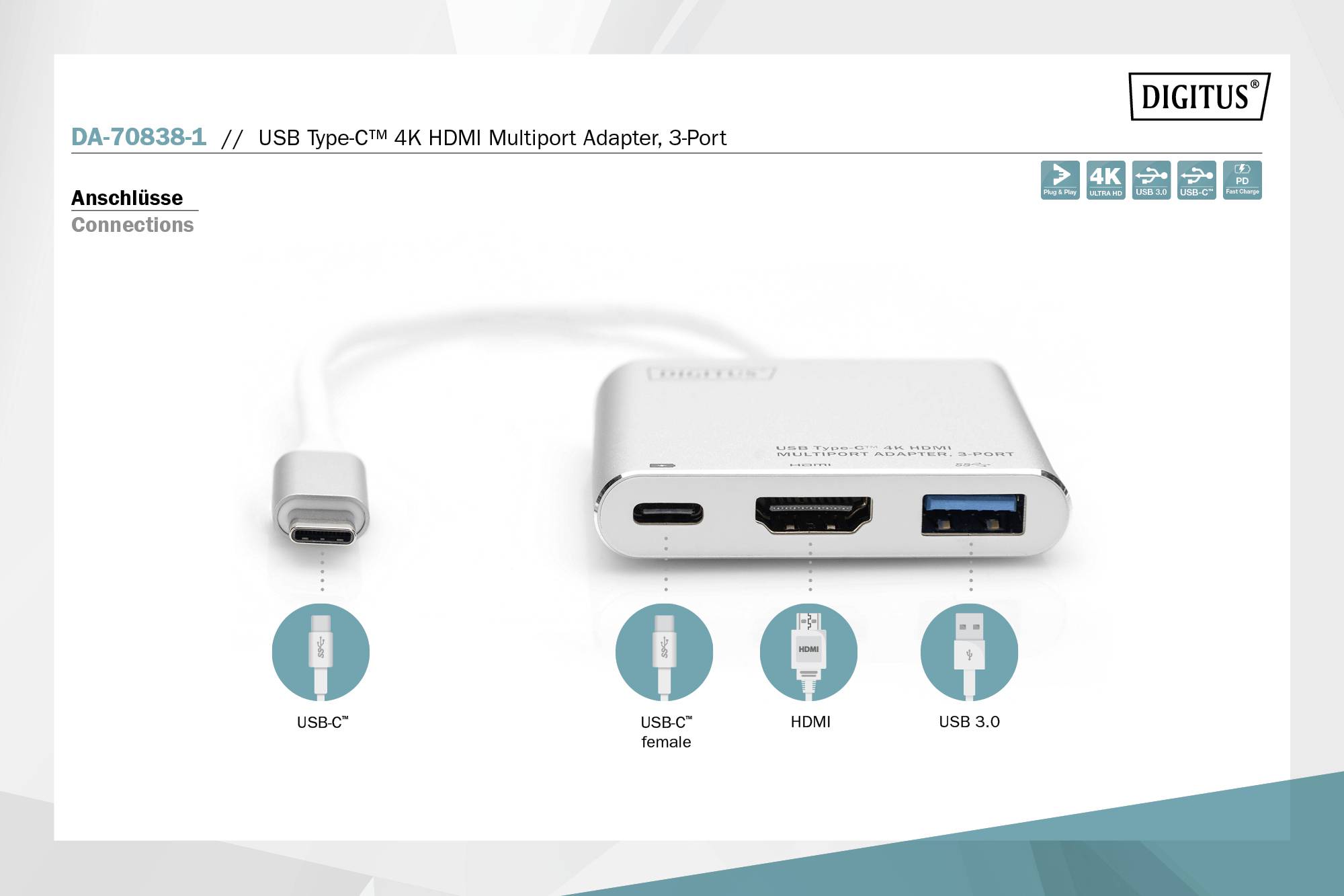 Digitus DA-70838-1 HDMI / USB Adaptateur [1x USB 3.0 mâle type C - 1x HDMI femelle, USB 3.0 femelle type A, USB-C® femel-4