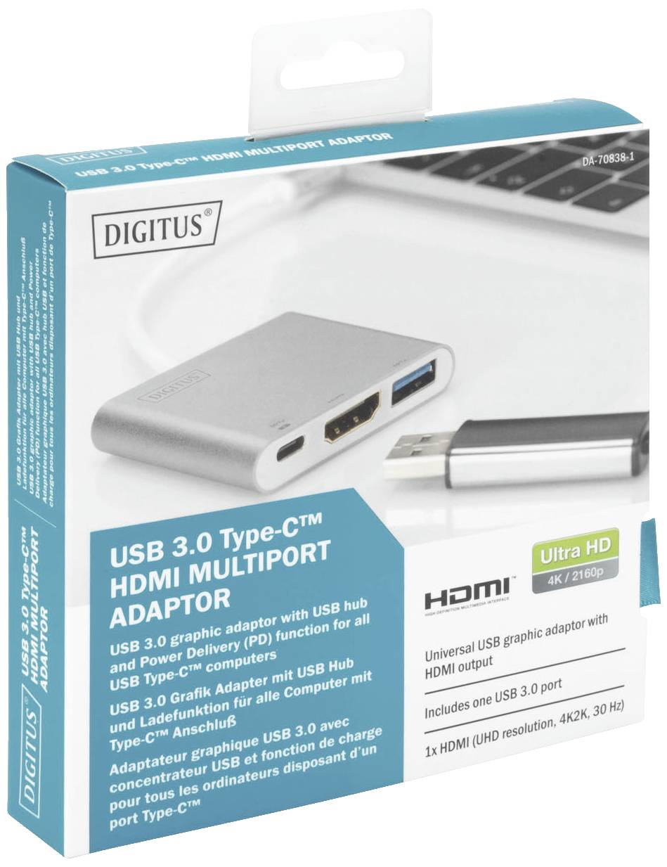 Digitus DA-70838-1 HDMI / USB Adaptateur [1x USB 3.0 mâle type C - 1x HDMI femelle, USB 3.0 femelle type A, USB-C® femel-1