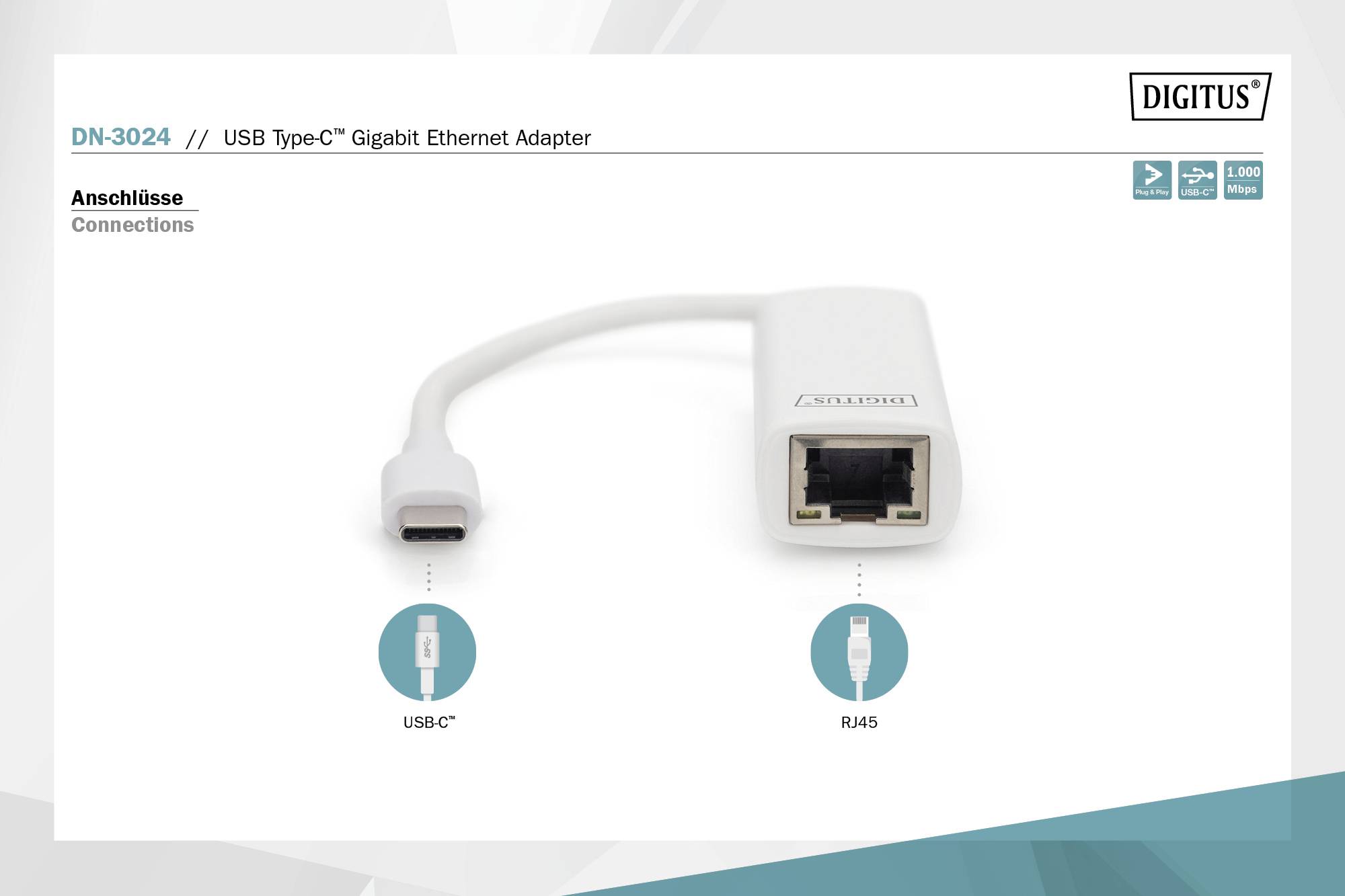 Adaptateur Ethernet Gigabit USB Type-C et 'Connexions' avec connecteurs USB-C et RJ45, illustration d'un adaptateur avec câble de connexion.
