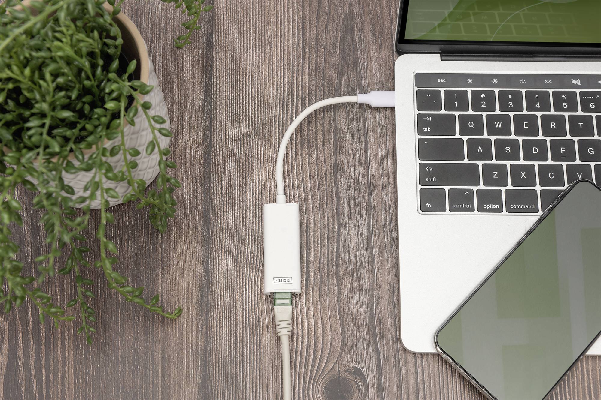Ordinateur portable avec adaptateur Ethernet sur une table en bois, connecté à un smartphone. Plante décorative à gauche.