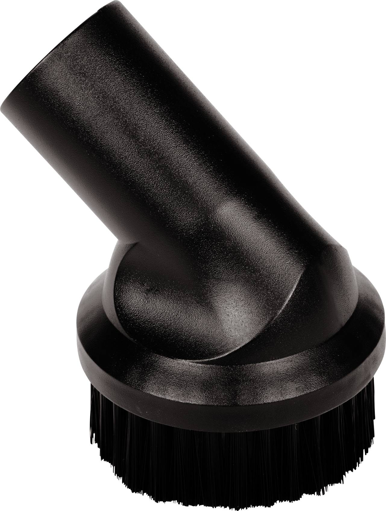 Accessoire de brosse noire pour aspirateur avec buse inclinée et base de soies rondes sur un fond blanc.