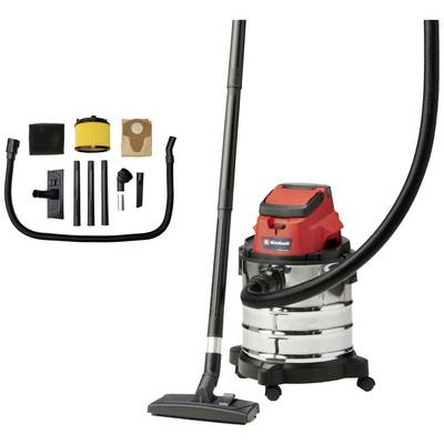 Un aspirateur eau/poussière rouge et noir avec des tuyaux et des accessoires tels que des buses, des filtres et des sacs, est posé sur un fond blanc.