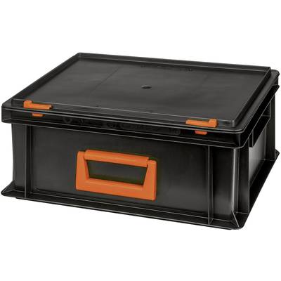 Boîte en plastique noir avec fermetures et poignée orange.