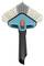 Un balai-brosse avec manche noir et tête de brosse triangulaire de couleur turquoise. Poils blancs et gris pour des applications de nettoyage polyvalentes.