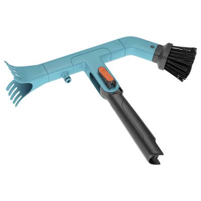 Un appareil de jardin turquoise avec une tête de brosse et un interrupteur orange, probablement utilisé pour le nettoyage de meubles de jardin ou de terrasses.