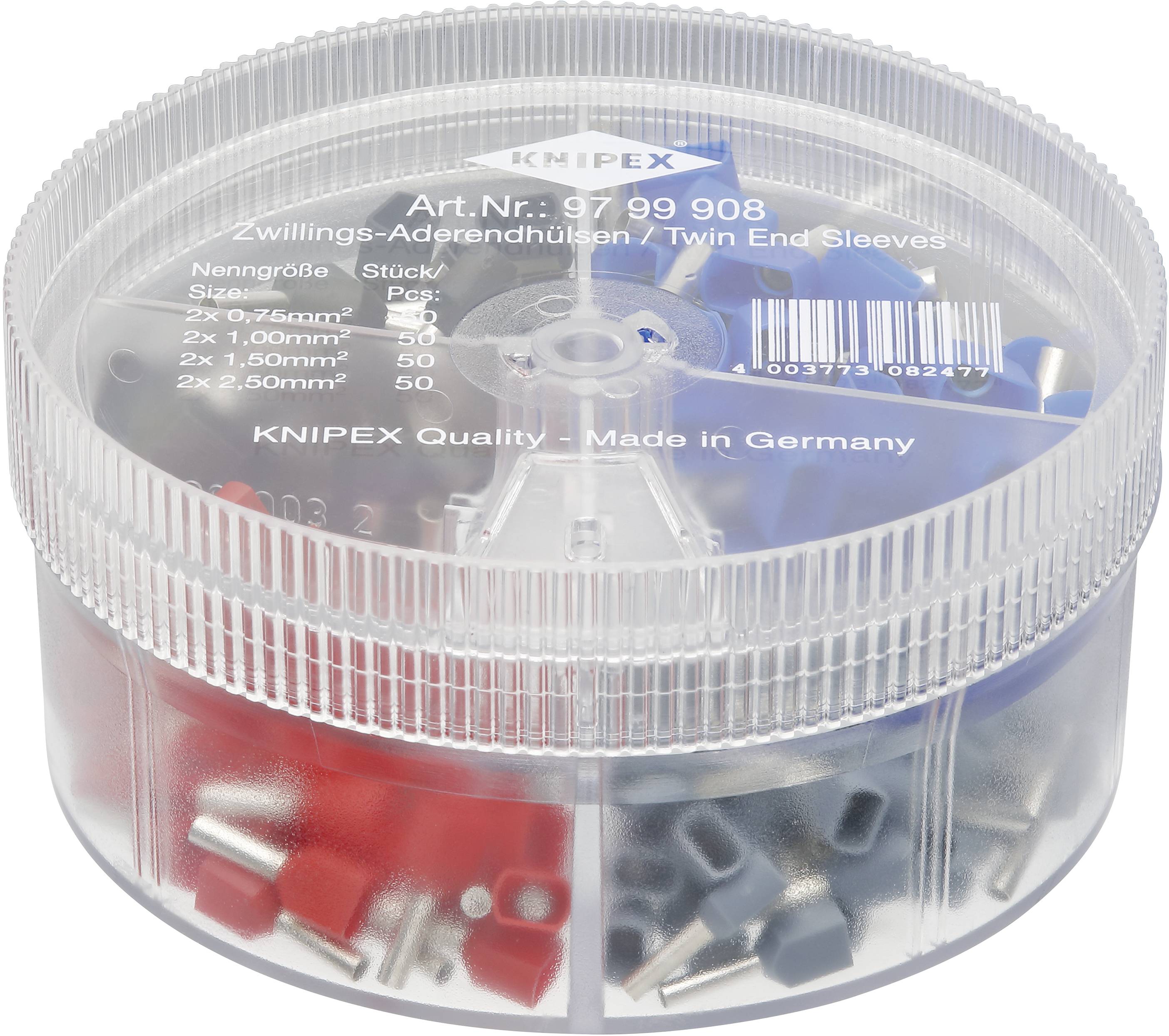 Un boîtier en plastique transparent contient des embouts de câble multicolores de la marque KNIPEX, portant l'inscription « Made in Germany ».