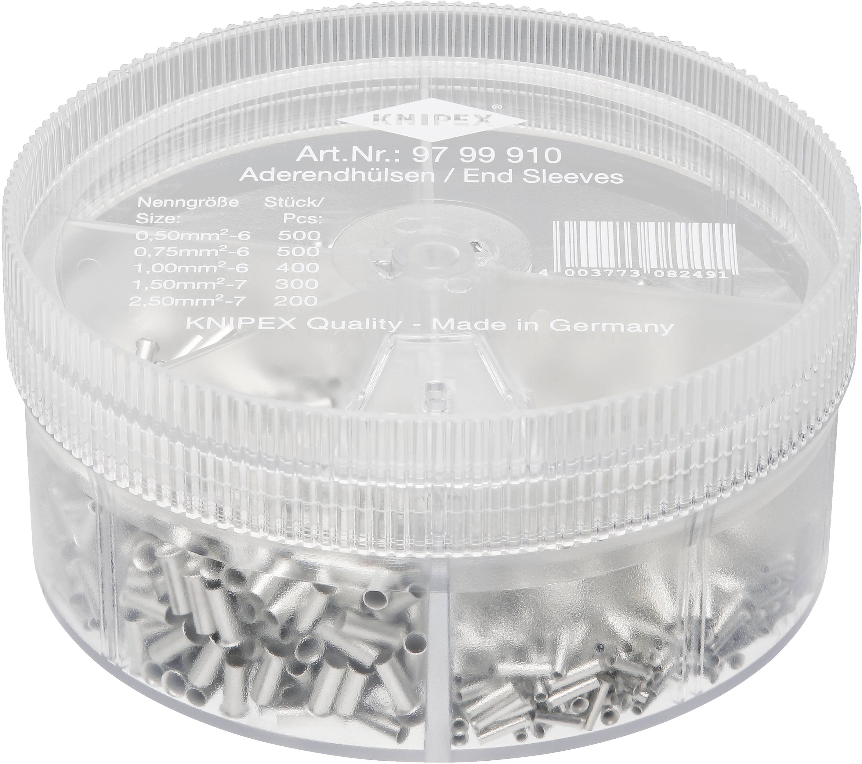 Boîte en plastique transparent contenant des embouts de câble de différentes tailles. L'impression indique le numéro d'article et la quantité par taille.