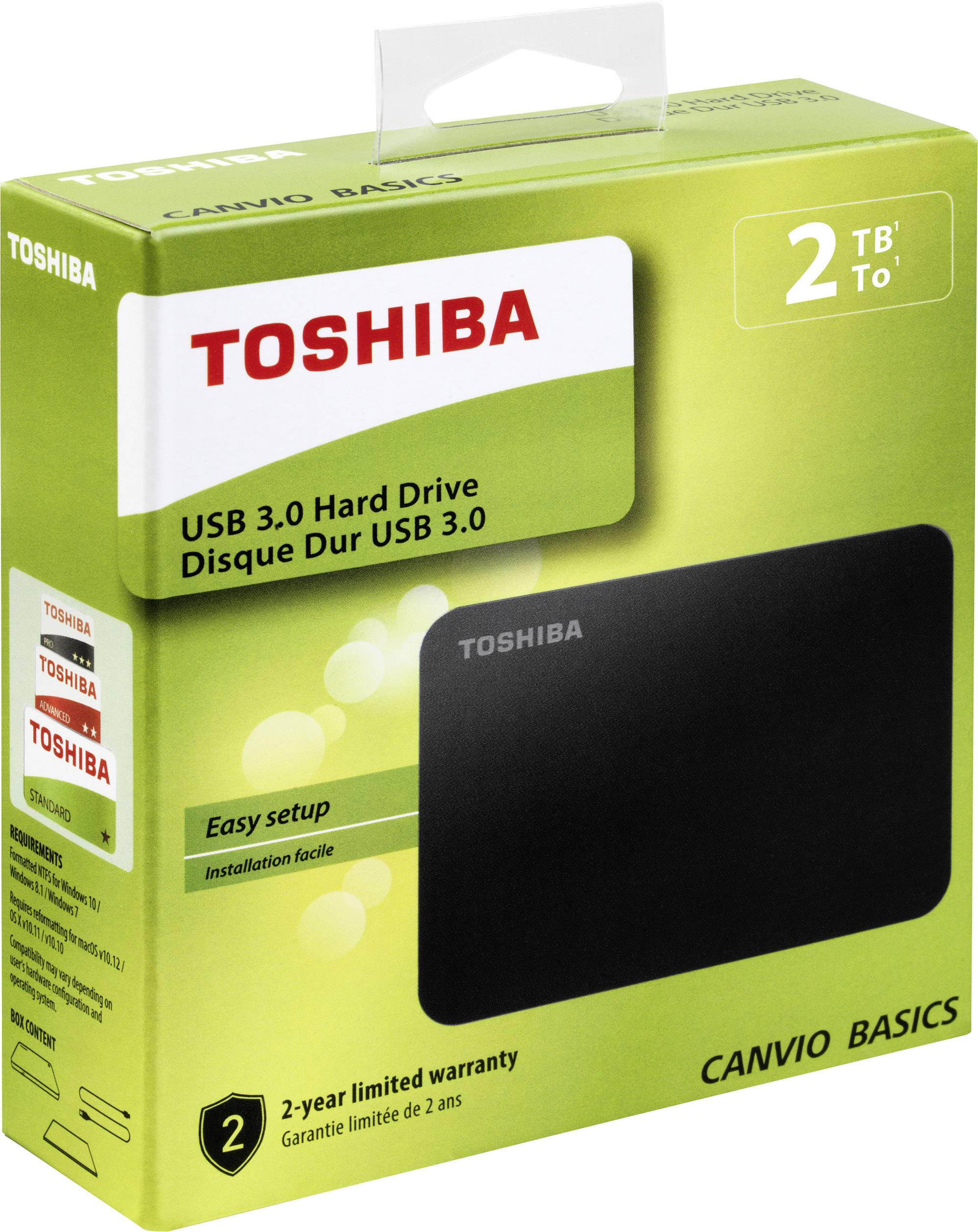 Disque dur externe Toshiba 'Canvio Basics' de 2 To, USB 3.0. Emballage vert, soulignant une installation simple et une garantie de 2 ans.