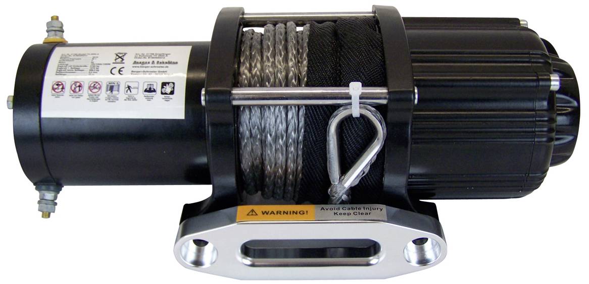 Treuil électrique avec boîtier noir et câble en acier, adapté pour le dépannage de véhicules. Avertissement : 'Tenir le câble à l'écart pour éviter les blessures'.