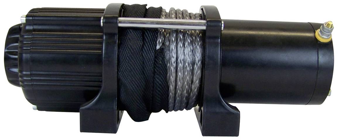 Treuil électrique à câble avec boîtier noir, monté sur un support. Idéal pour les applications tout-terrain.