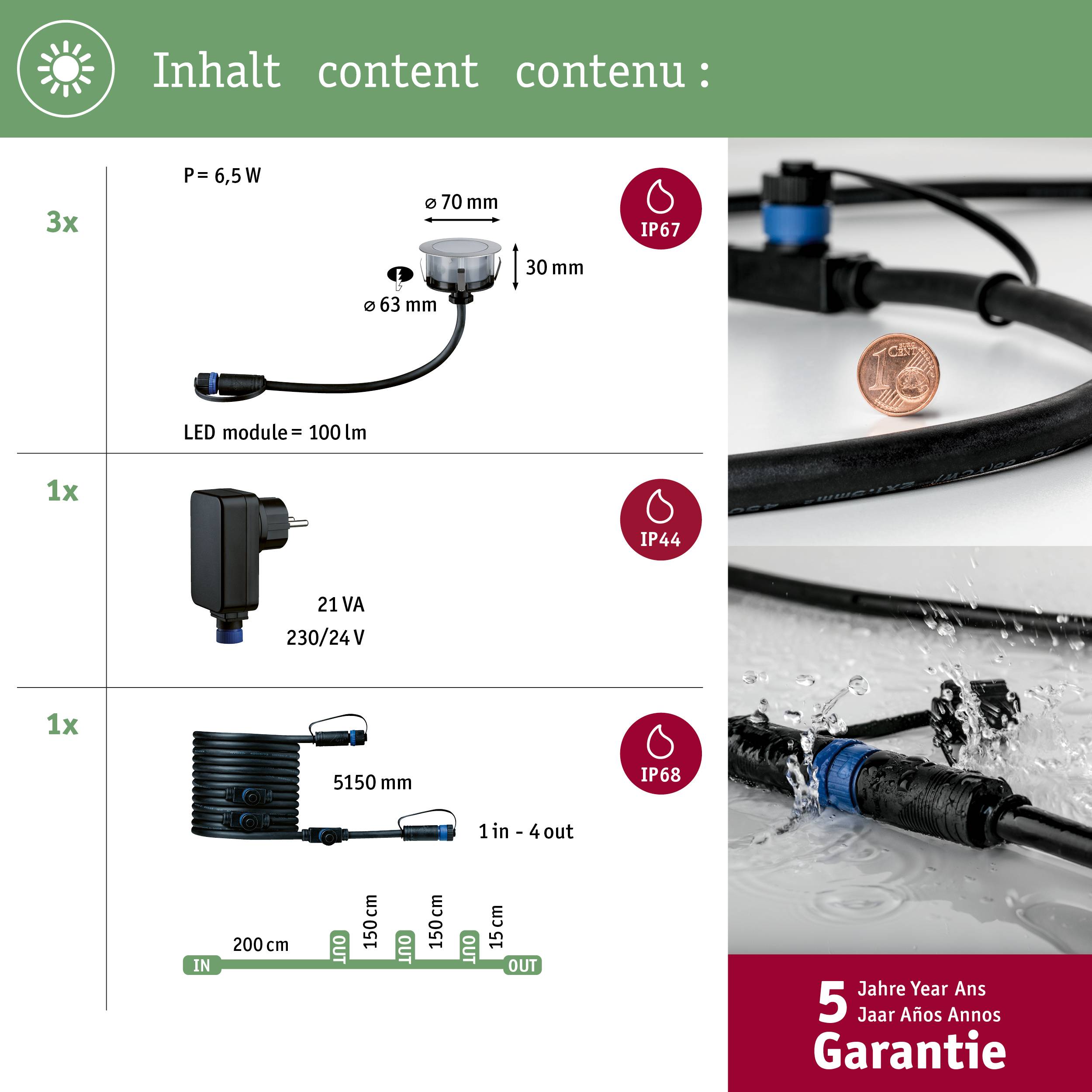 'Contenu' : L'illustration présente un module LED avec des spécifications techniques et des degrés de protection IP67, IP44 et IP68. 5 ans de garantie.