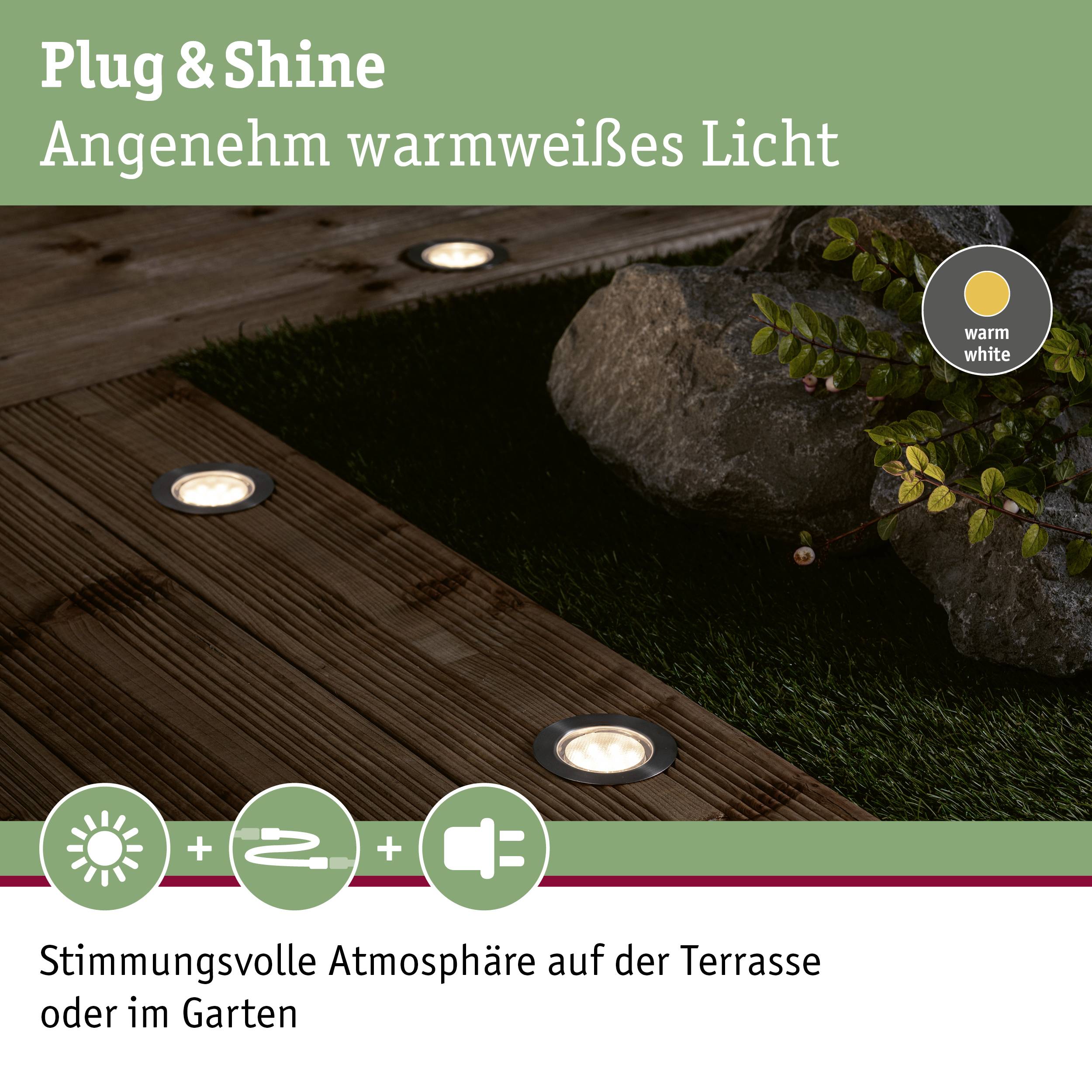 Lampe 'Plug & Shine' sur la terrasse crée une lumière d'ambiance chaleureuse et blanche. Idéale pour des espaces extérieurs confortables.