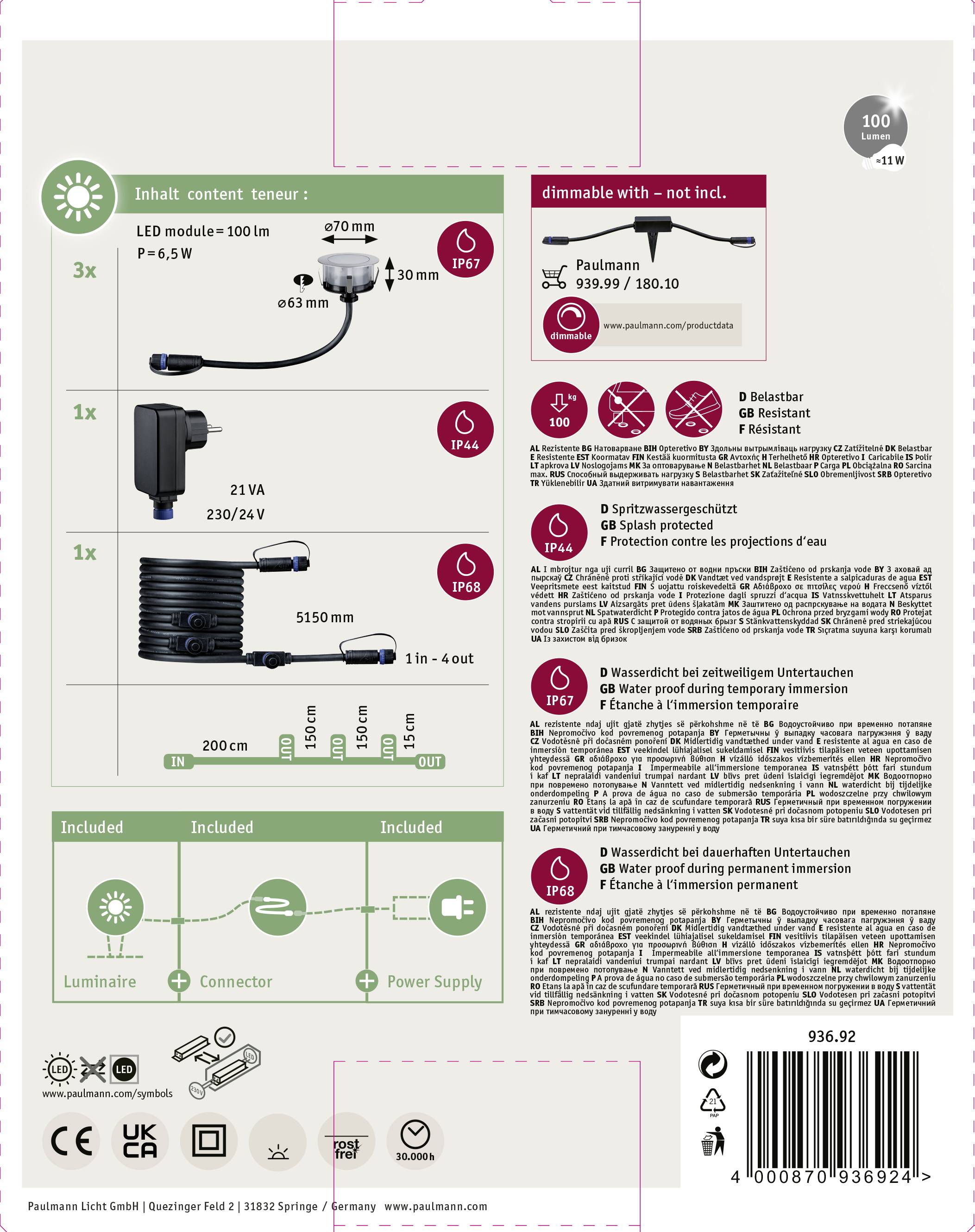 Emballage d'un module LED avec accessoires. Comprend un module LED, un adaptateur secteur, des câbles, monté sur un cadre de 70 mm. Informations sur la sécurité et la consommation d'énergie.