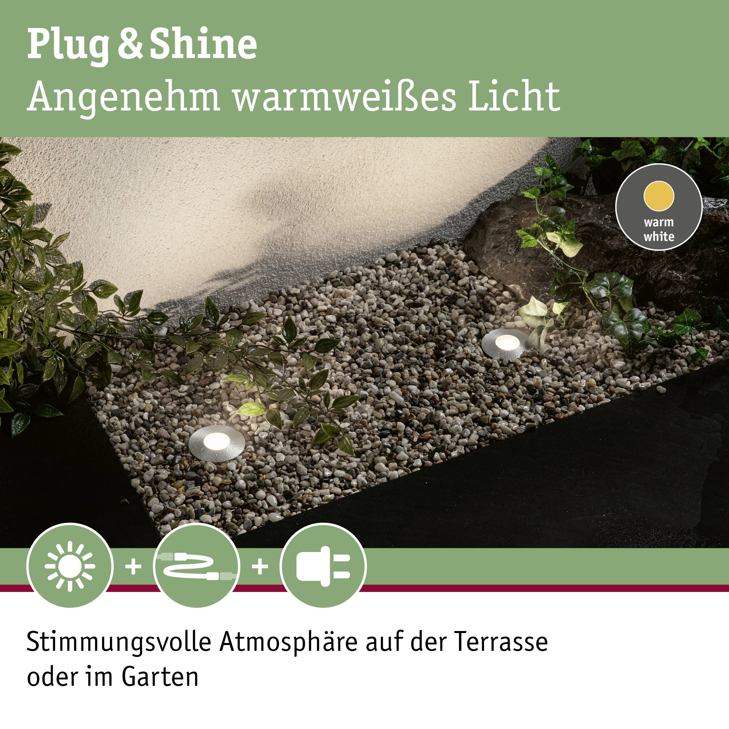 Plug & Shine luminaires de jardin dans un lit de graviers ; diffusent une lumière blanc chaud. Texte : 'Lumière agréablement blanc chaud', 'Ambiance chaleureuse'.