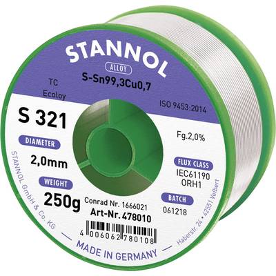 Rouleau de soudure avec étiquette : 'STANNOL', alliage Sn99,3Cu0,7, diamètre 2,0 mm, poids 250 g, fabriqué en Allemagne.