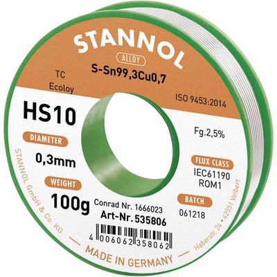 Étiquette d'un rouleau de fil de soudure de la marque Stannol, modèle HS10, alliage S-Sn99,3Cu0,7, diamètre 0,3 mm, poids 100 g, classe de flux ROM1.