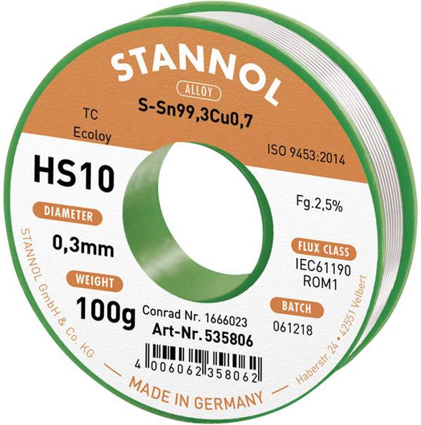 Stannol HS10 2,5% 0,3MM SN99,3CU0,7 CD 100G Étain à souder sans plomb sans plomb, bobine Sn99,3Cu0,7 ROM1 100 g 0.3 mm