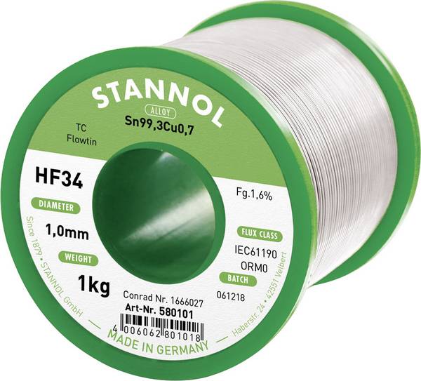 Stannol HF34 1,6% 1,0MM FLOWTIN TC CD 1000G Étain à souder sans plomb bobine, sans plomb Sn99,3Cu0,7 ORM0 1000 g 1 mm