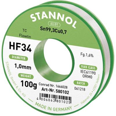 Bobine de soudure 'Stannol HF34', diamètre 1,0 mm, poids 100 g, Sn99,3Cu0,7, teneur en flux 1,6%, fabriqué en Allemagne.