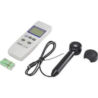 Un ensemble de capteurs UV comprenant un appareil de mesure numérique, un capteur avec couvercle amovible, un câble et une batterie rectangulaire pour les mesures de lumière.