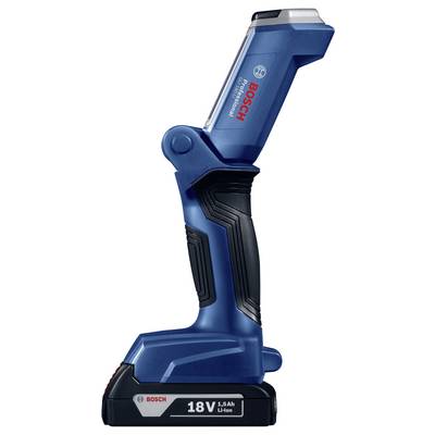 Un projecteur de travail Bosch bleu, alimenté par batterie 18V Li-Ion, doté d'une poignée ergonomique, adapté aux travaux de construction et de bricolage.