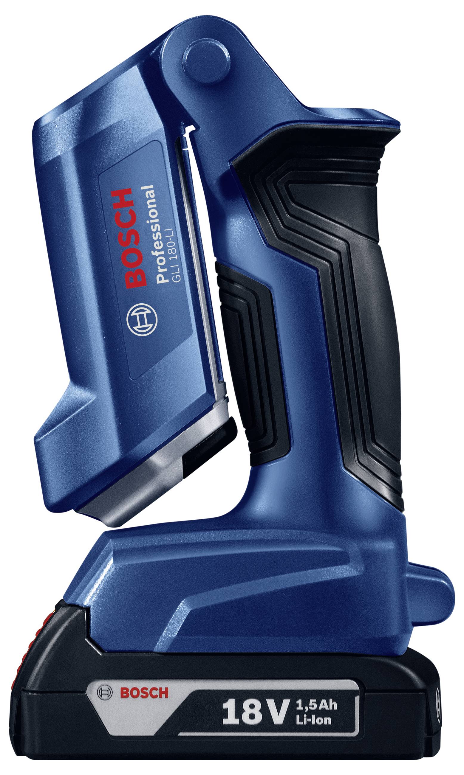 Lampe de travail LED portable Bosch, 18V Li-Ion, avec poignée ergonomique, conçue pour un usage professionnel dans la construction ou la rénovation.