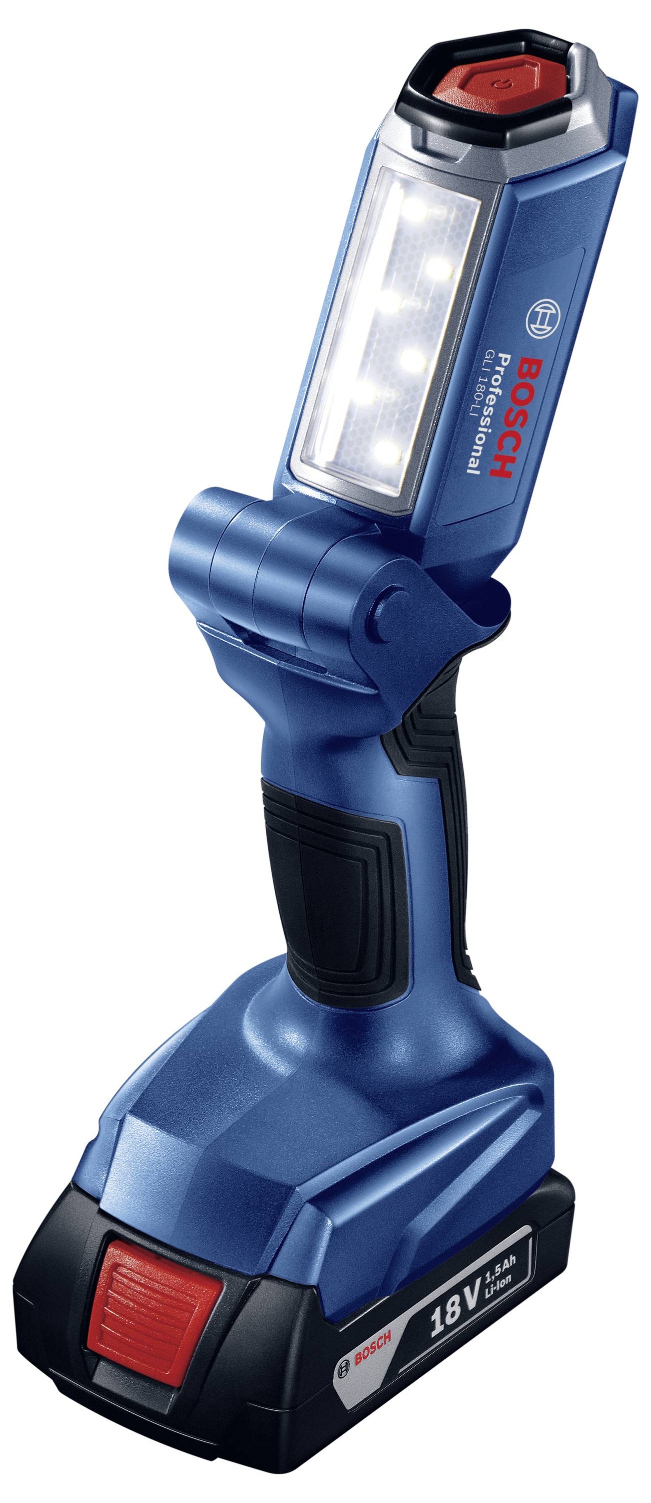 Lampe de travail LED alimentée par batterie avec boîtier bleu et poignée noire, adaptée pour éclairer des zones de travail.
