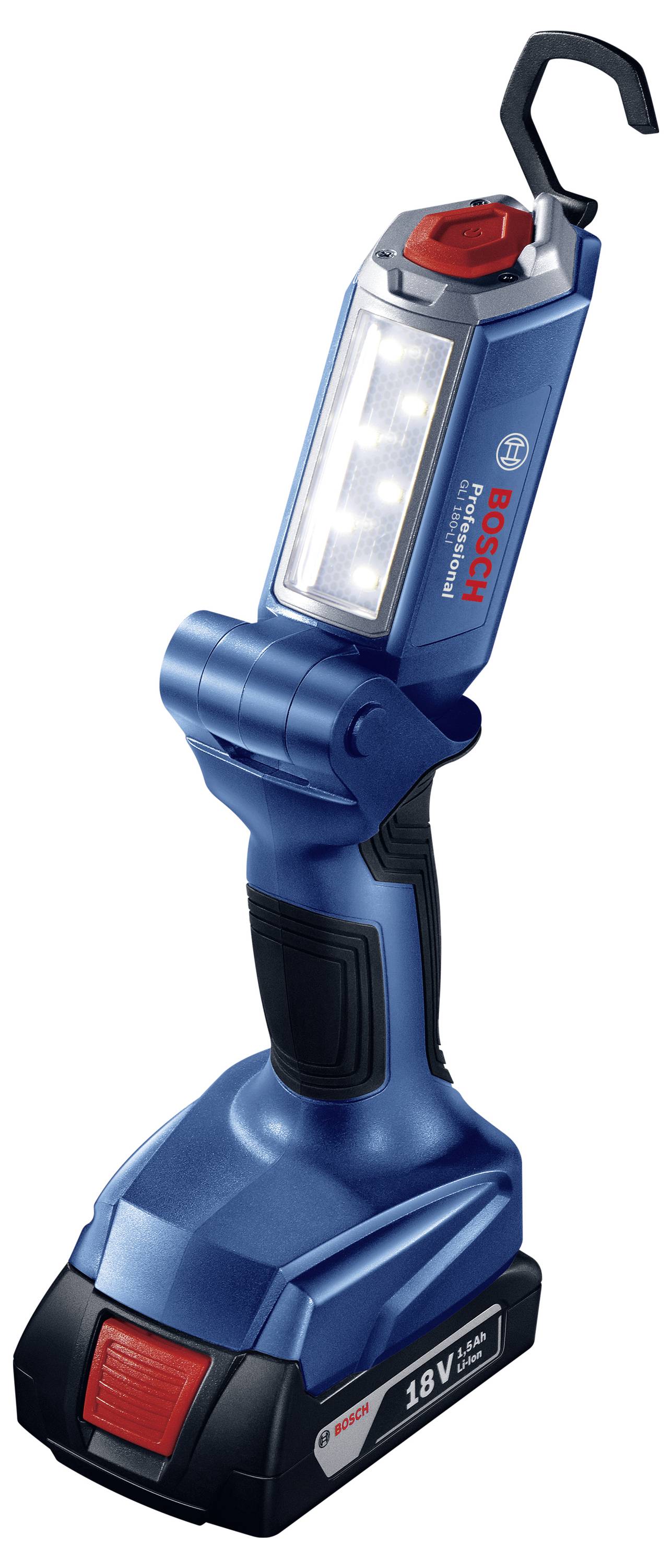 Lampe de travail à batterie de Bosch avec boîtier bleu, éclairage LED rabattable et batterie 18V. Idéale pour un éclairage flexible lors des travaux.