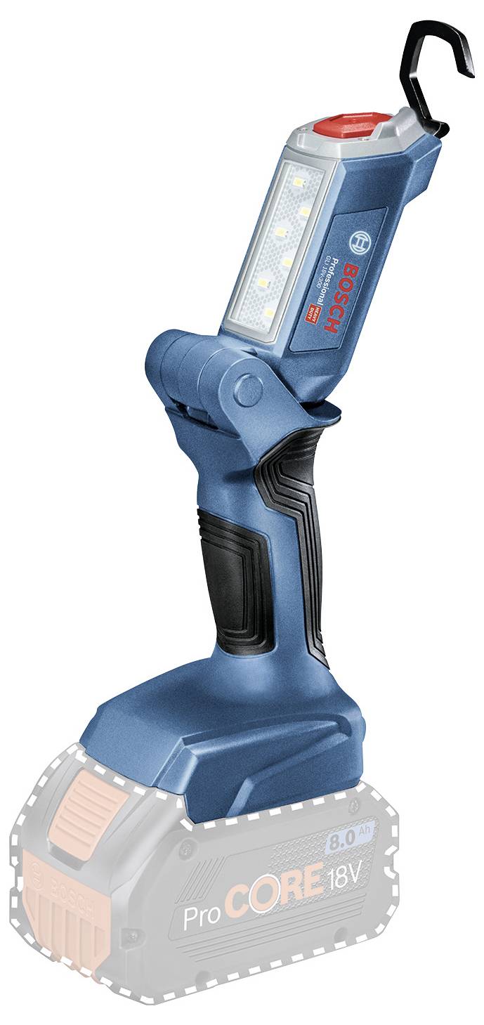 Lampe de travail LED bleue avec tête orientable et crochet, adaptée pour un fonctionnement sur batterie. Logo de marque en haut et batterie représentée de manière schématique.