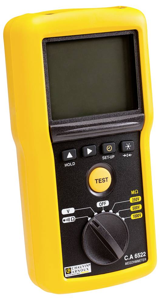 Appareil de mesure d'isolement numérique avec boîtier jaune et grand écran, commutateur rotatif pour régler la tension jusqu'à 1000 V.