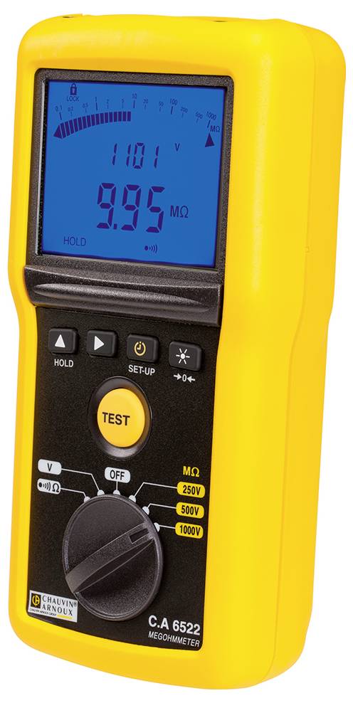 Multimètre numérique jaune avec grand affichage, indiquant '9,95 MΩ'. Il comporte des touches pour différents réglages et un commutateur rotatif pour le mode de mesure.