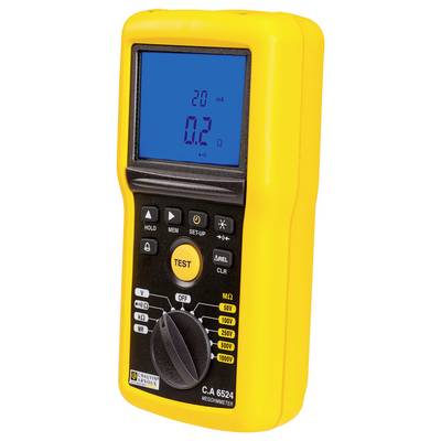 Un multimètre numérique jaune avec un écran bleu, affichant 20 mA et 0,2 Ω. Différents éléments de commande sont visibles.