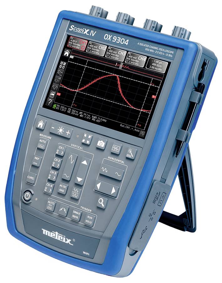 'Oscilloscope numérique portable avec affichage à l'écran d'une forme d'onde. Plusieurs commandes et connexions sur la face avant.'